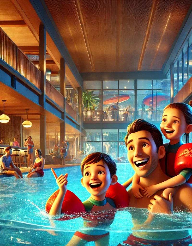 DALL·E 2024-10-02 10.31.26 - A family-friendly waterpark scene, showing a joyful family in a pool with a colorful and dynamic Pixar-like animated style. The architecture is sleek